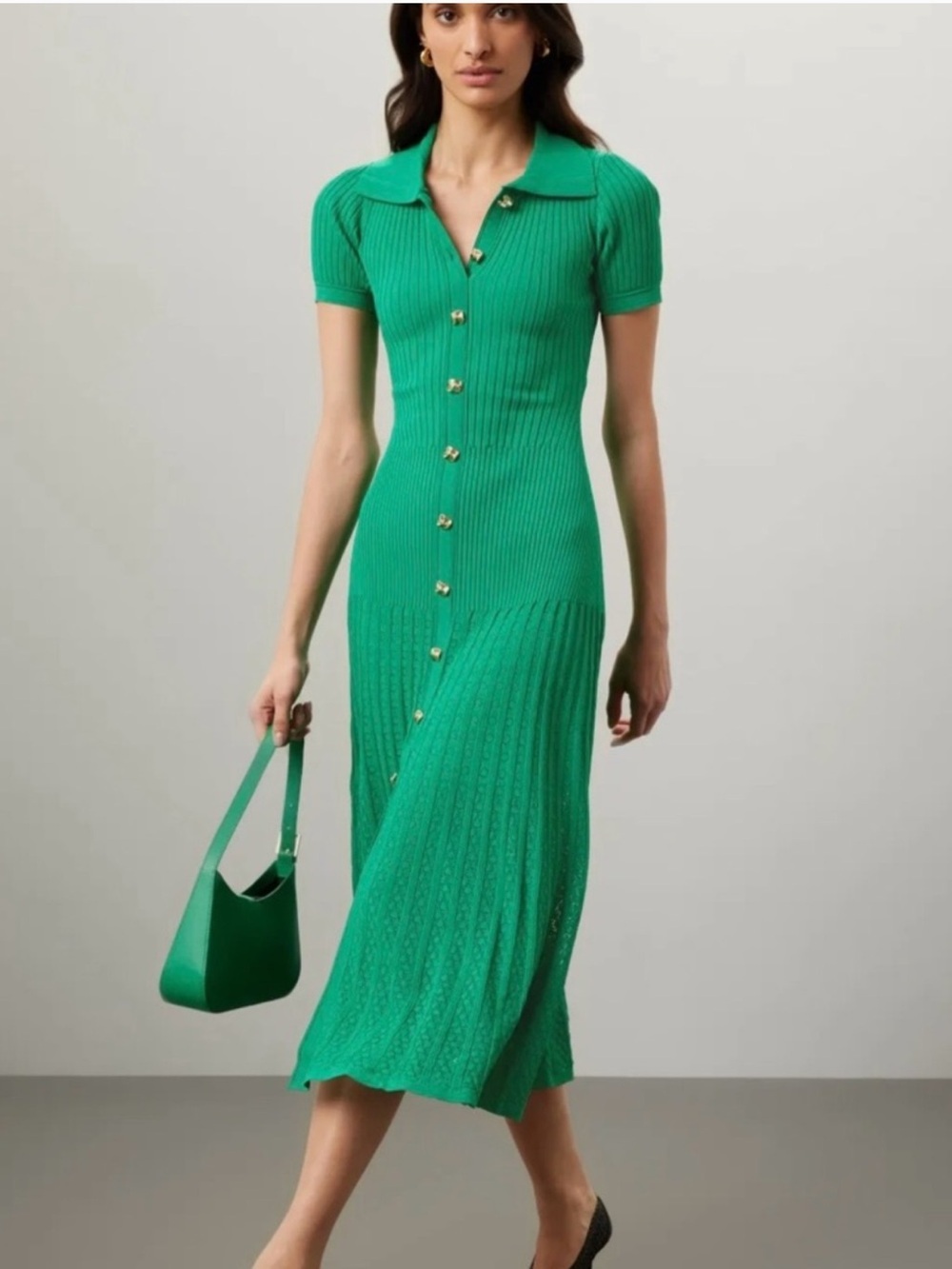 Sandro Lorel Emerald Green Ribbed Button-Front Polo Dress. Size 2 or 34! NWT - Picture 1 of 2